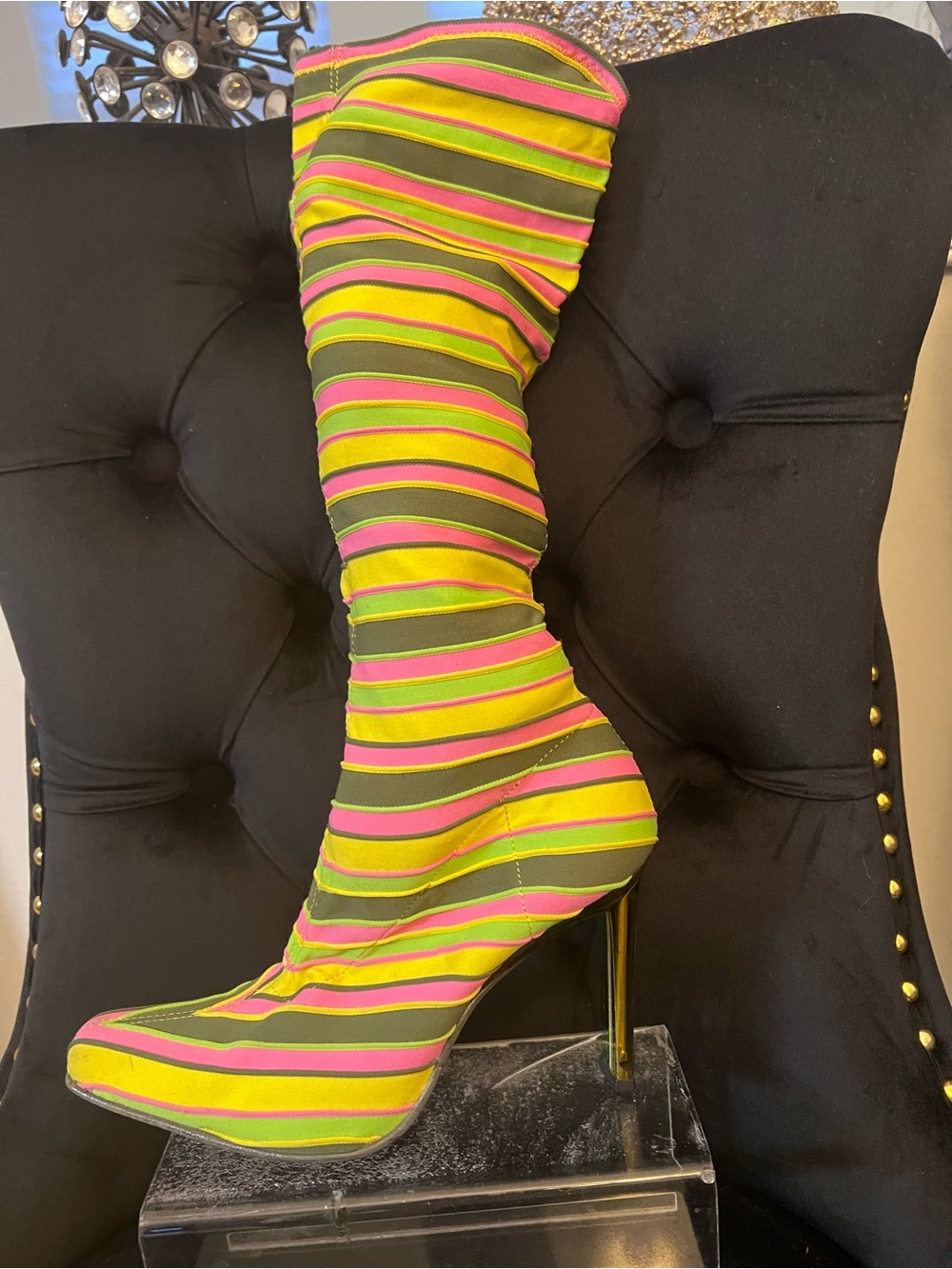 Casadei Neon Green Pink Knee-High Stretch Boot Lucite Green Heel - Picture 2 of 2